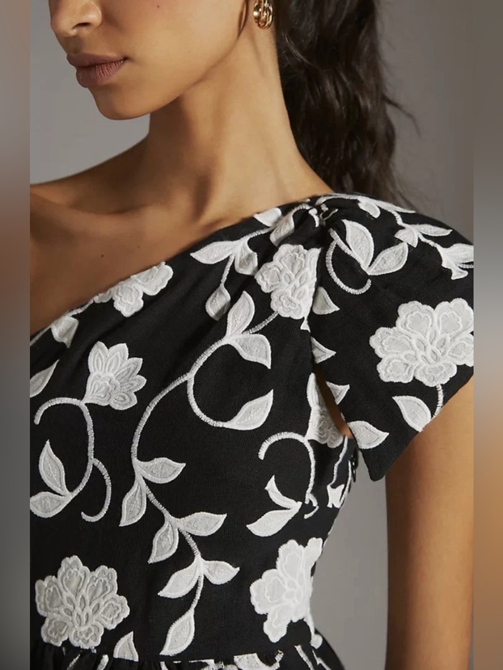 Anthropologie Maeve Embroidered One-Shoulder Midi Dress Black White 10 - Picture 2 of 14